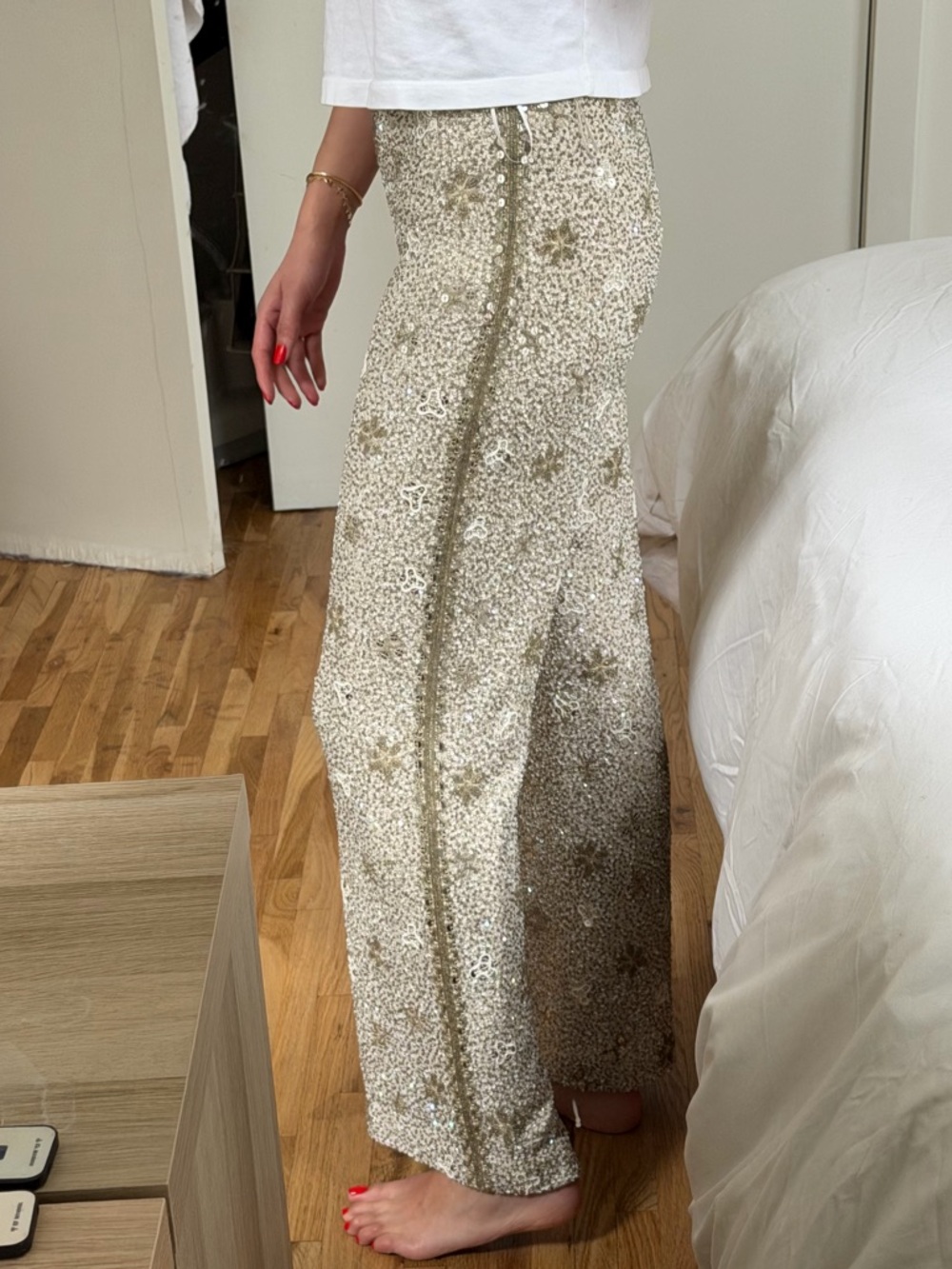 Escada Embellished Sequin Wide-Leg Pants in Champagne 100%